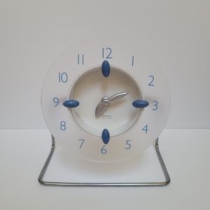 Desk Clock AA Battery Blue White Clear Silver Round